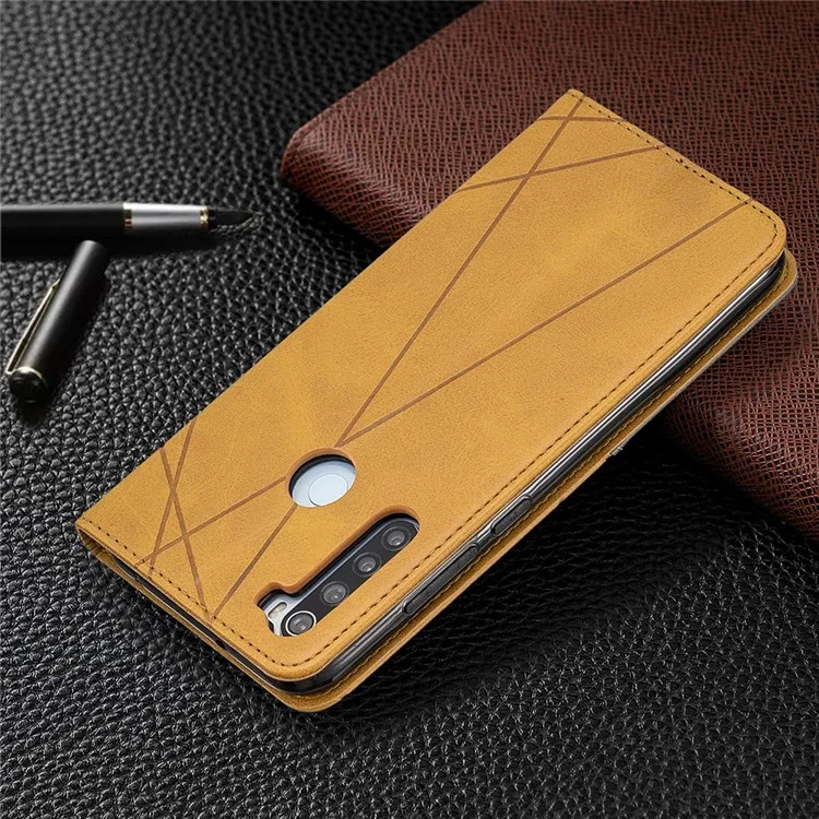 Estuche de Tarjetas de Cuero de Stand de Patrón Geométrico Para Xiaomi Redmi Note 8 - Marrón