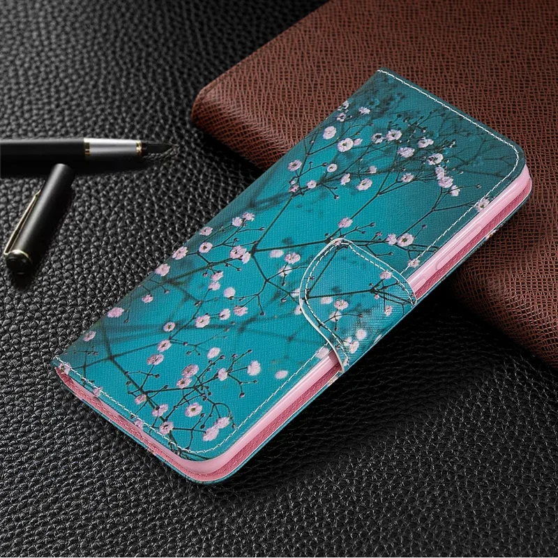 Mönstertryckt läderplånboksfodral för Xiaomi Redmi Note 8 Pro – Träd med blommor