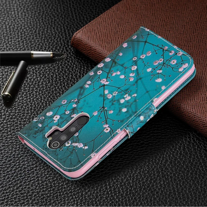 Mönstertryckt läderplånboksfodral för Xiaomi Redmi Note 8 Pro – Träd med blommor