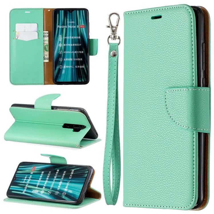 Litchi Skin Wallet Leather Stand Case for Xiaomi Redmi Note 8 Pro - Green