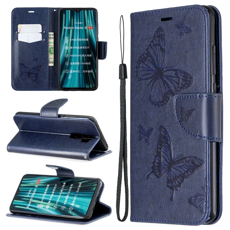 Imprint Butterfly Stand Leather Wallet Casing for Xiaomi Redmi Note 8 Pro - Blue