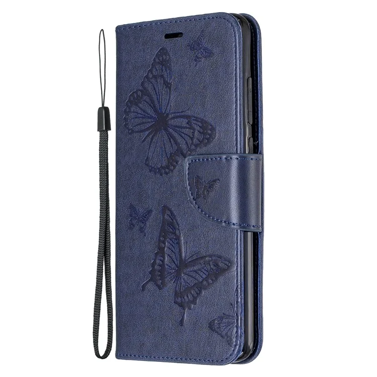 Imprint Butterfly Stand Leather Wallet Casing for Xiaomi Redmi Note 8 Pro - Blue