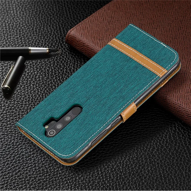 Verschiedene Farbjeans Stoff Leder Brieftasche Für Xiaomi Redmi Note 8 Pro - Grün