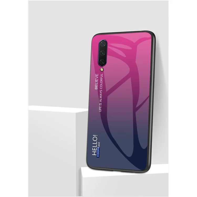 Gradient Color Tempered Glas + PC + TPU Hybrid Case für Xiaomi Mi CC9e/Mi A3 - Rose/Dunkelblau