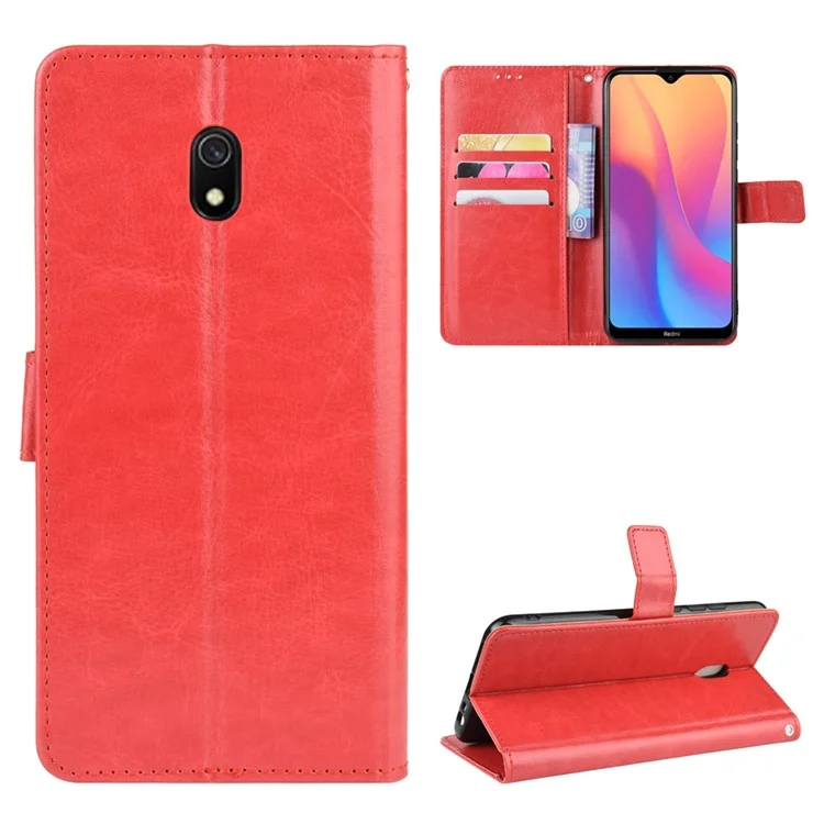 Crazy Horse Leather Wallet Phone Case for Xiaomi Redmi 8A - Red