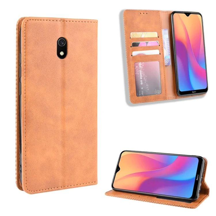 Retro Style PU Leather Stand Wallet Phone Case for Xiaomi Redmi 8A - Brown