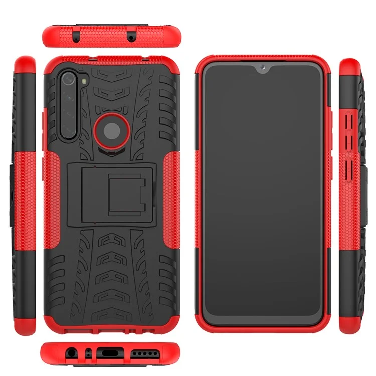 PC Híbrida de Neumático Fresco + Cubierta de Tpu de Tpu Con Parada de Patada Para Xiaomi Redmi Note 8 - Rojo