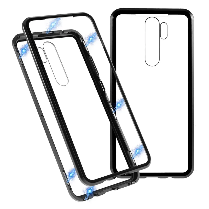 Capa Protetora de Telefone com Borda de Metal de Instalação Magnética + Vidro Temperado para Xiaomi Redmi Note 8 Pro - Preta