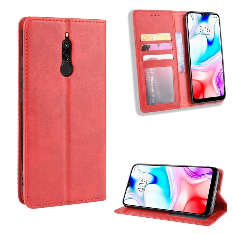 Retro Auto-absorbed Leather Casing Shell for Xiaomi Redmi 8 - Red