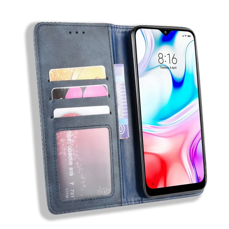 Funda de Piel Retro Autoabsorbente para Xiaomi Redmi 8 - Azul