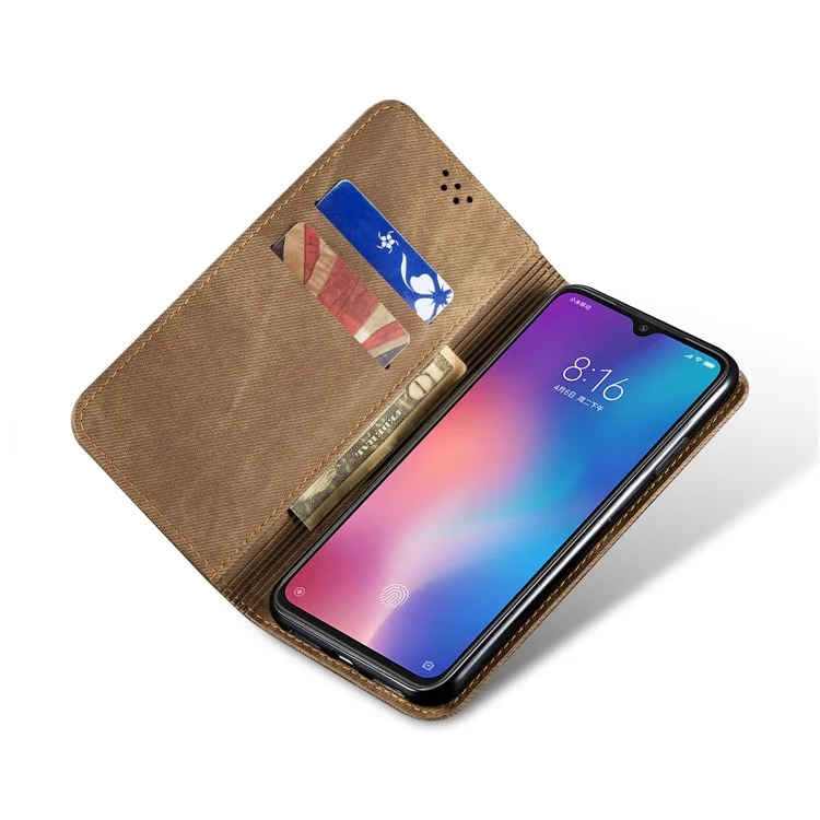 Retro Style Jeans Cloth Leather Stand Case with Card Slots for Xiaomi Mi 9 - Khaki