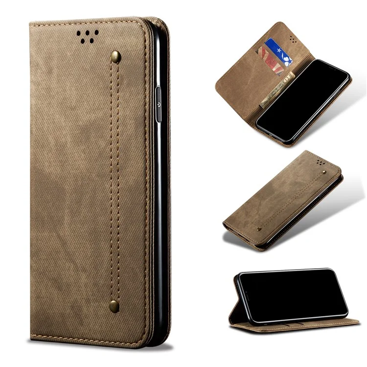 Retro Style Jeans Cloth Leather Wallet Case for Xiaomi Redmi Note 8 Pro - Khaki