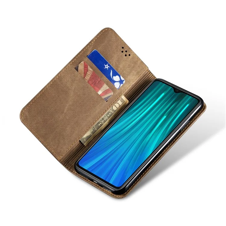 Retro Style Jeans Cloth Leather Wallet Case for Xiaomi Redmi Note 8 Pro - Khaki