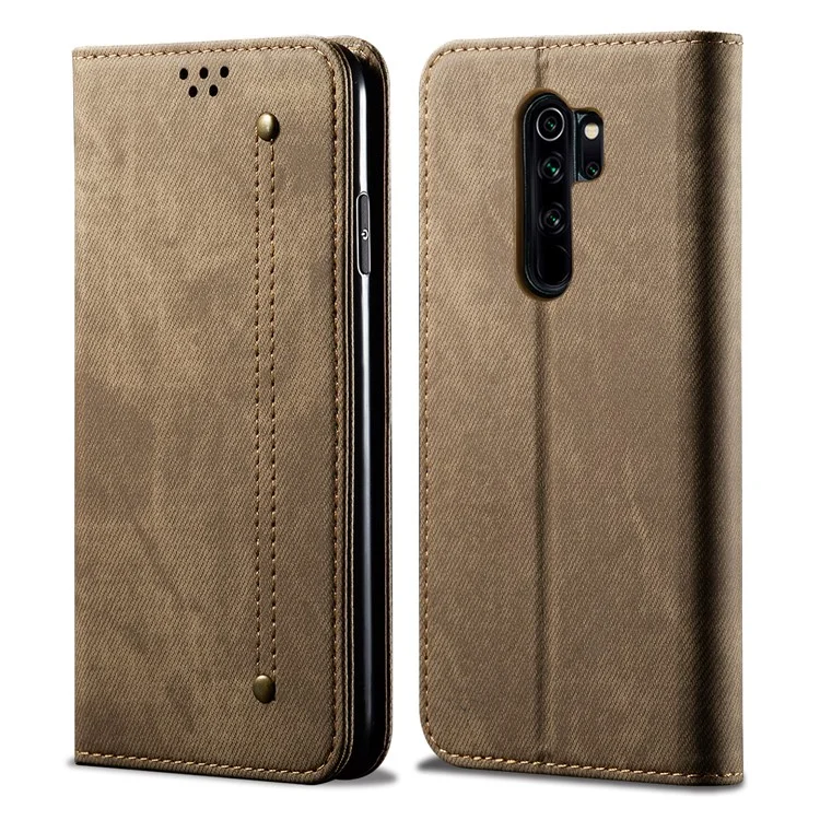 Retro Style Jeans Cloth Leather Wallet Case for Xiaomi Redmi Note 8 Pro - Khaki