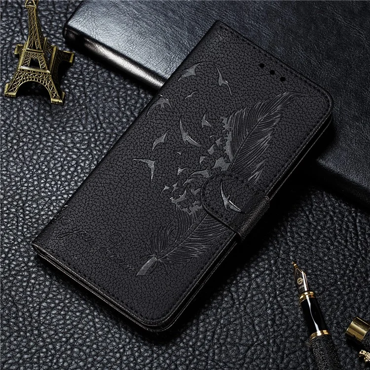 Litchi Skin Imprint Feather Flip Leather Wallet Phone Cover for Xiaomi Redmi Note 8 Pro - Black