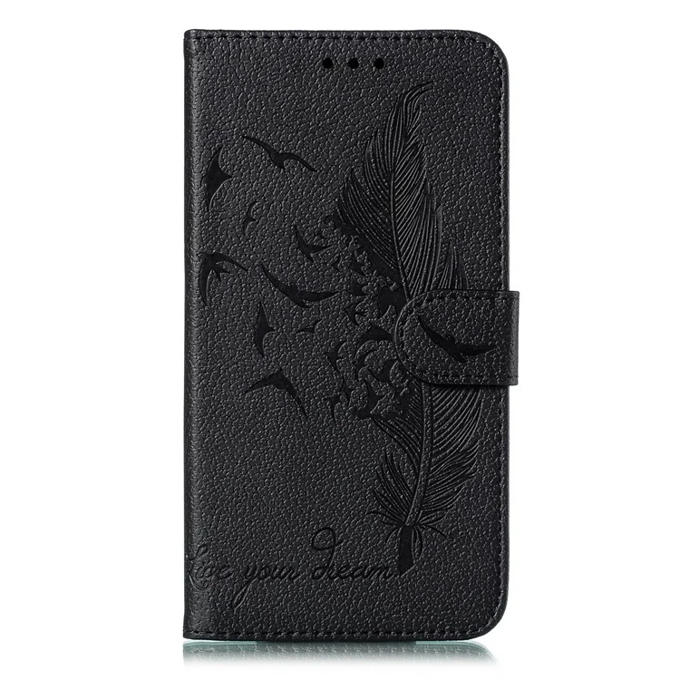 Litchi Skin Imprint Feather Flip Leather Wallet Phone Cover for Xiaomi Redmi Note 8 Pro - Black