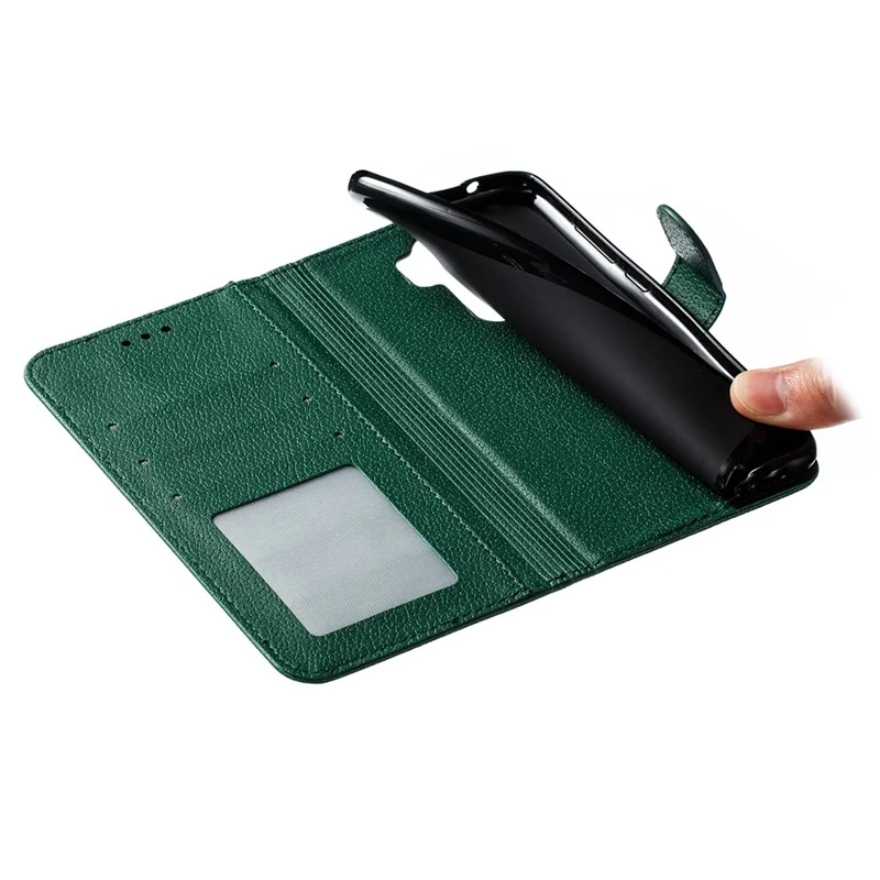 Обложка для кожаного кошелька с отпечатком кожи лычи и пером для Xiaomi Redmi Note 8 Pro - Зеленый