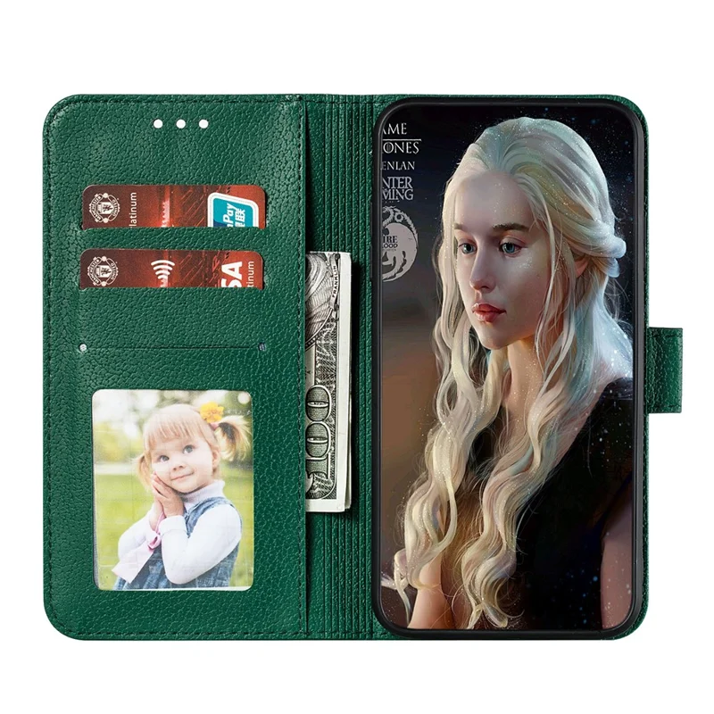 Обложка для кожаного кошелька с отпечатком кожи лычи и пером для Xiaomi Redmi Note 8 Pro - Зеленый