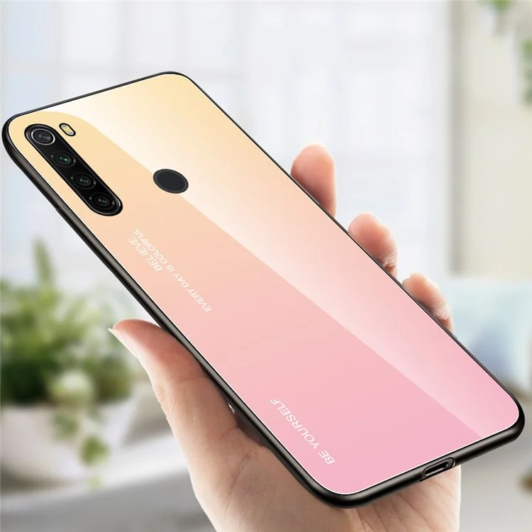 Custodia Combo in Vetro Temperato con Gradiente di Colore + PC + TPU per Xiaomi Redmi Note 8T - Giallo/Rosa