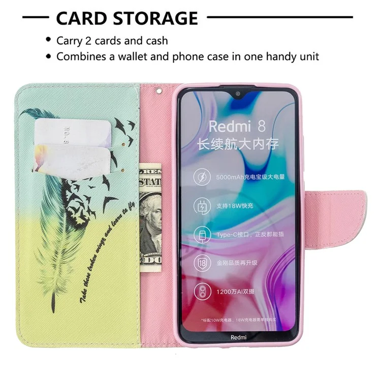 Musterdruckende Geldbörse Flip-Leder-Handyhülle für Xiaomi Redmi 8 - Feder
