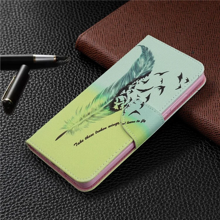 Musterdruckende Geldbörse Flip-Leder-Handyhülle für Xiaomi Redmi 8 - Feder