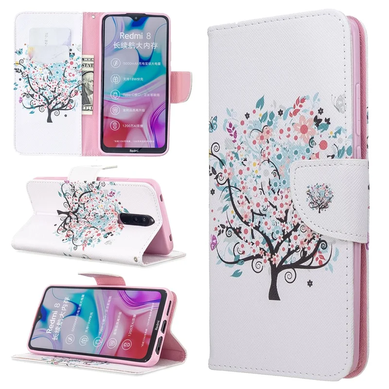 Pattern Printing Wallet Flip Leather Phone Case for Xiaomi Redmi 8 - Flower Tree