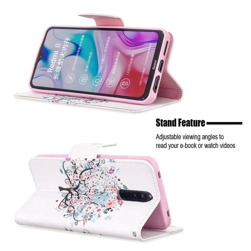 Pattern Printing Wallet Flip Leather Phone Case for Xiaomi Redmi 8 - Flower Tree