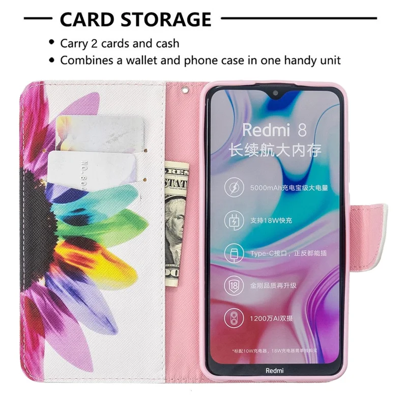 Folia typu portfel z nadrukiem, skórzana nakładka typu flip na telefon Xiaomi Redmi 8 – Płatki