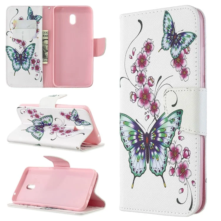 Pattern Printing Cross Texture Wallet Stand Flip Leather Phone Case for Xiaomi Redmi 8A - Green Butterfly