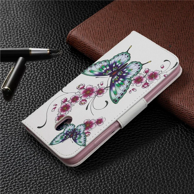 Pattern Printing Cross Texture Wallet Stand Flip Leather Phone Case for Xiaomi Redmi 8A - Green Butterfly