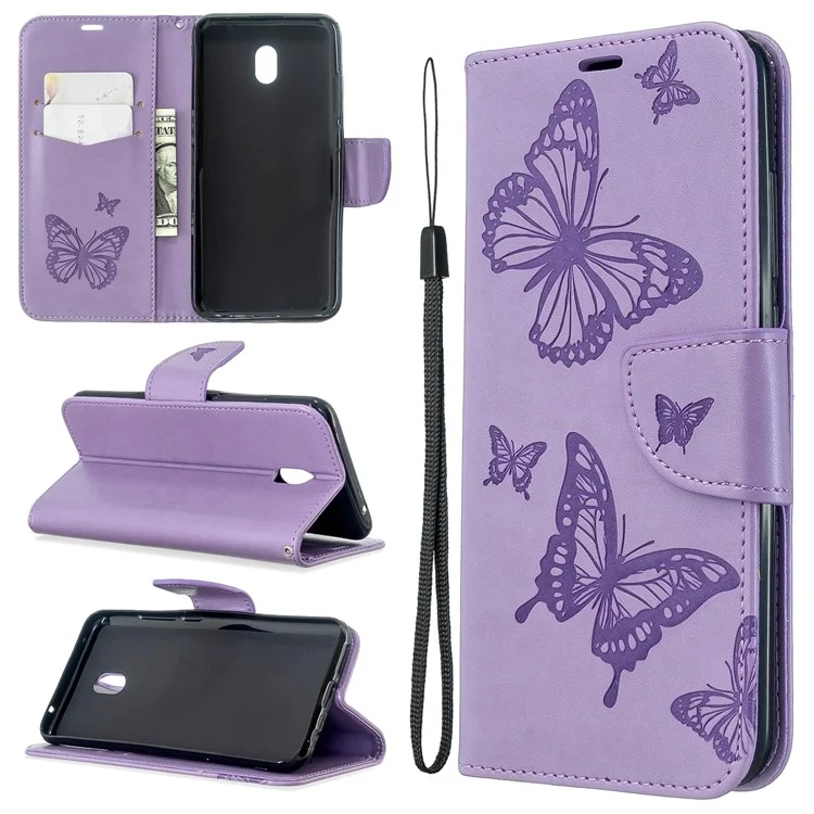 Imprint Butterfly Leather Wallet Stand Case for Xiaomi Redmi 8A - Purple