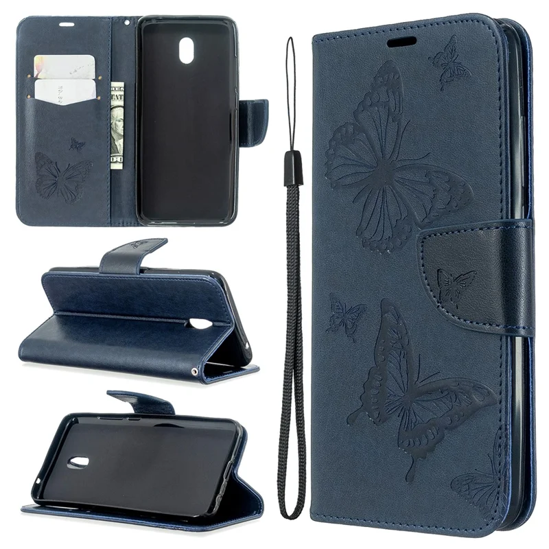 Imprint Butterfly Leather Wallet Stand Case for Xiaomi Redmi 8A - Blue