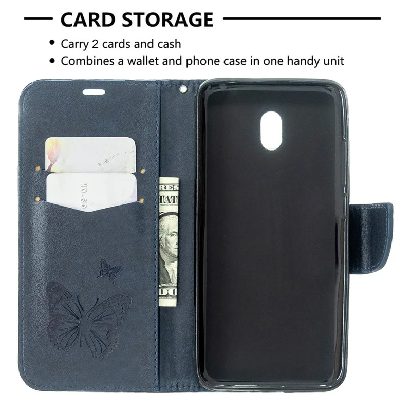Imprint Butterfly Leather Wallet Stand Case for Xiaomi Redmi 8A - Blue