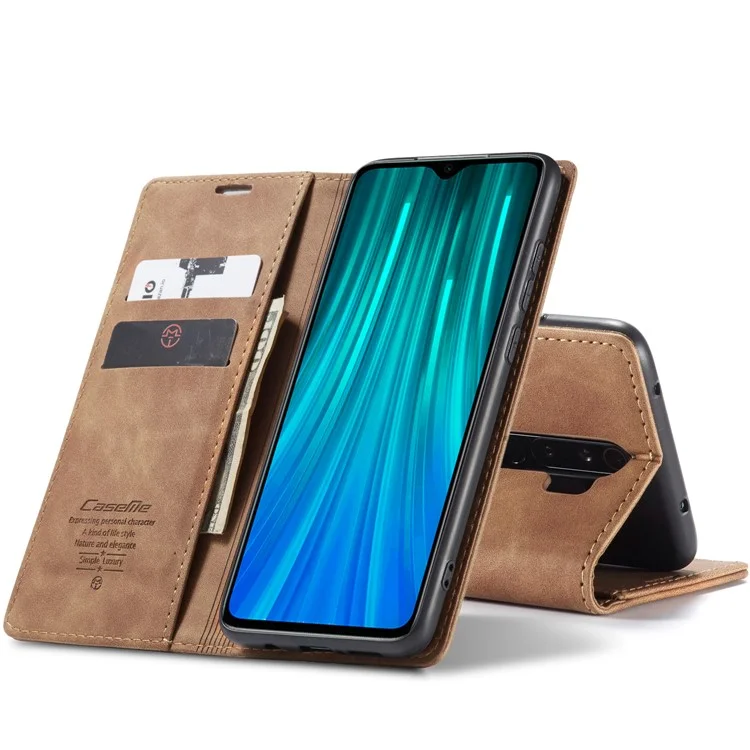 CASEME 013 Series Auto-absorbed Leather Wallet Stand Case Phone Shell for Xiaomi Redmi Note 8 Pro - Brown