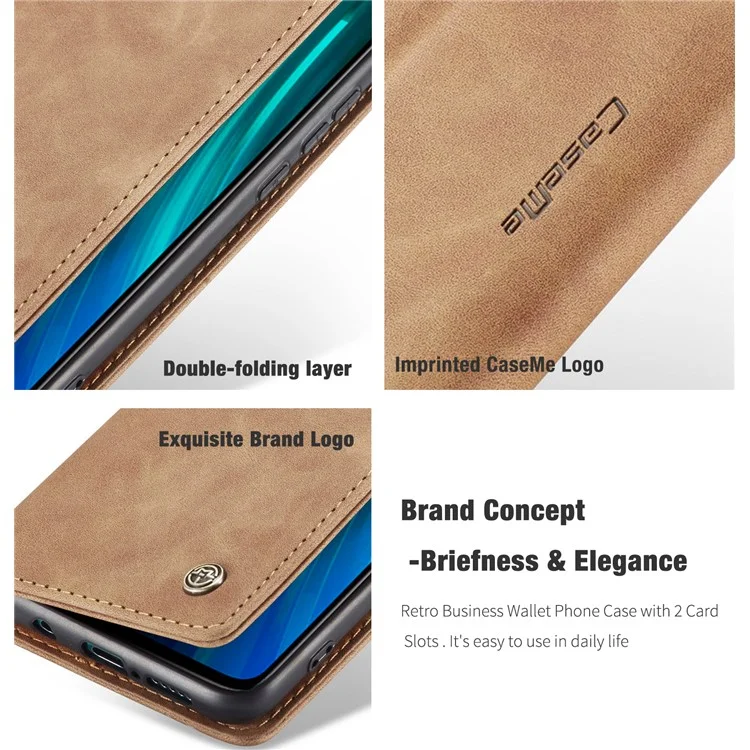 CASEME 013 Series Auto-absorbed Leather Wallet Stand Case Phone Shell for Xiaomi Redmi Note 8 Pro - Brown