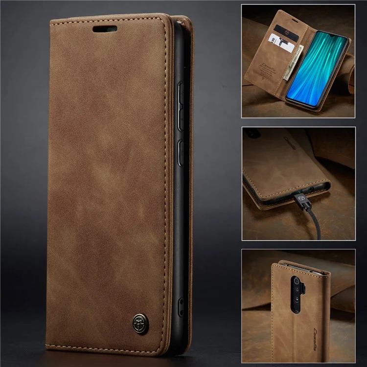 CASEME 013 Series Auto-absorbed Leather Wallet Stand Case Phone Shell for Xiaomi Redmi Note 8 Pro - Brown