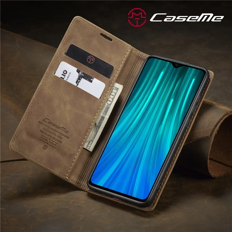 CASEME 013 Series Auto-absorbed Leather Wallet Stand Case Phone Shell for Xiaomi Redmi Note 8 Pro - Brown