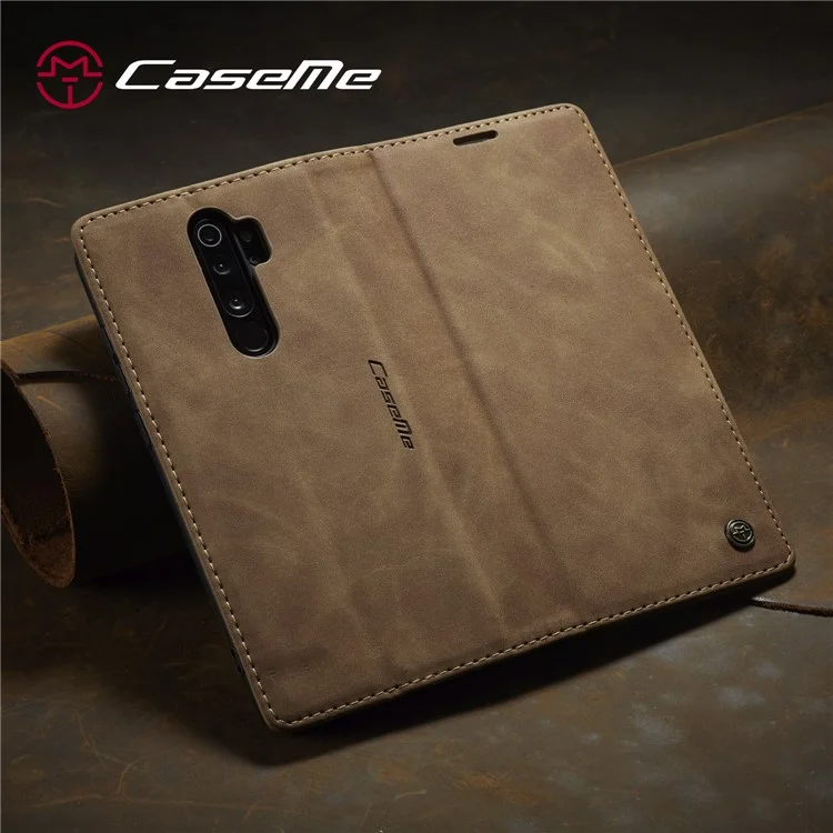 CASEME 013 Series Auto-absorbed Leather Wallet Stand Case Phone Shell for Xiaomi Redmi Note 8 Pro - Brown