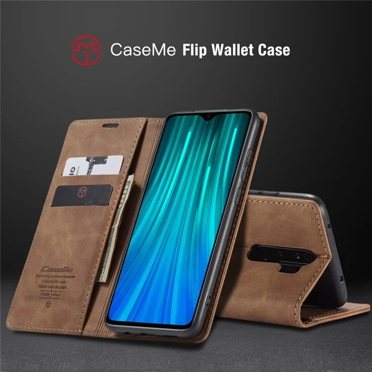 CASEME 013 Series Auto-absorbed Leather Wallet Stand Case Phone Shell for Xiaomi Redmi Note 8 Pro - Brown