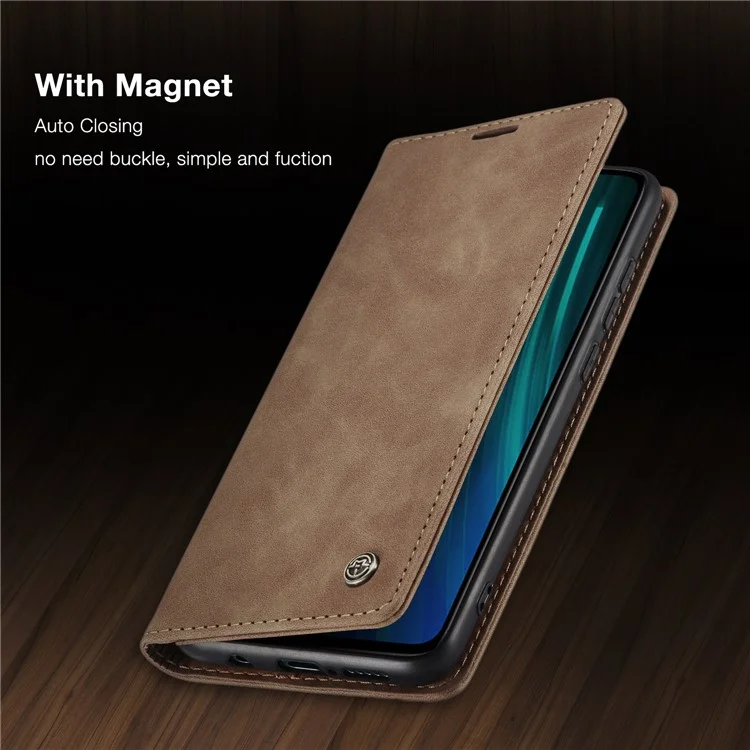 CASEME 013 Series Auto-absorbed Leather Wallet Stand Case Phone Shell for Xiaomi Redmi Note 8 Pro - Brown