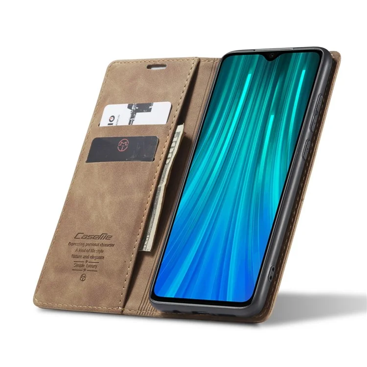 Caseme 013 Serie Auto-absorbiertes Leder Brieftasche Hülle Telefonschale Für Xiaomi Redmi Note 8 Pro - Braun