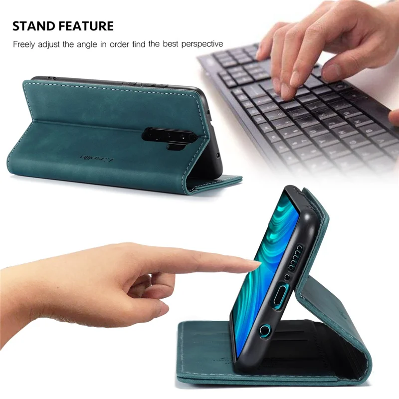 CASEME 013 Series Auto-absorbed Leather Wallet Stand Case Phone Shell for Xiaomi Redmi Note 8 Pro - Blue