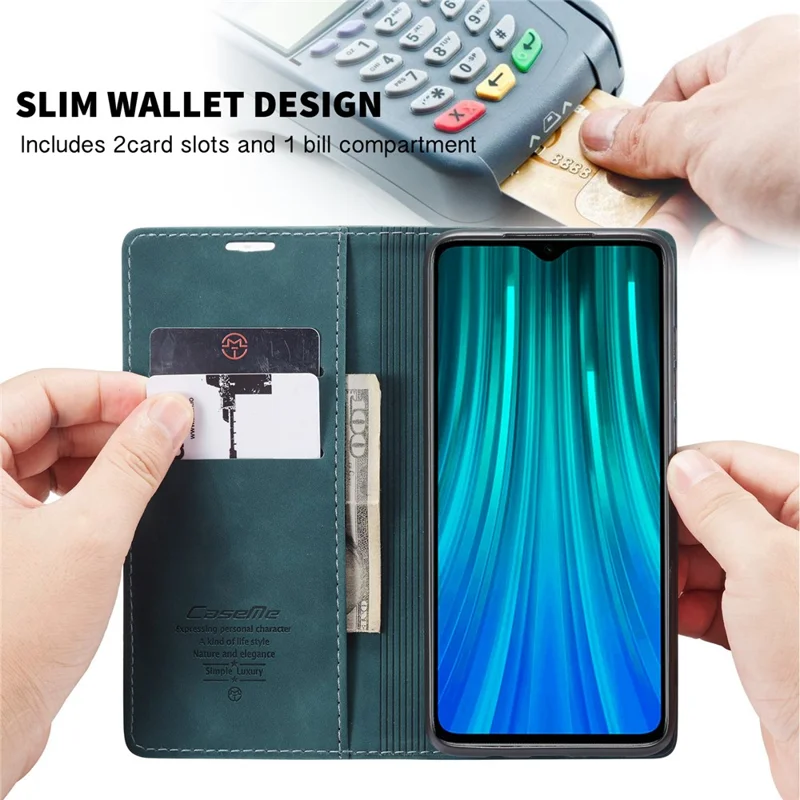 CASEME 013 Series Auto-absorbed Leather Wallet Stand Case Phone Shell for Xiaomi Redmi Note 8 Pro - Blue