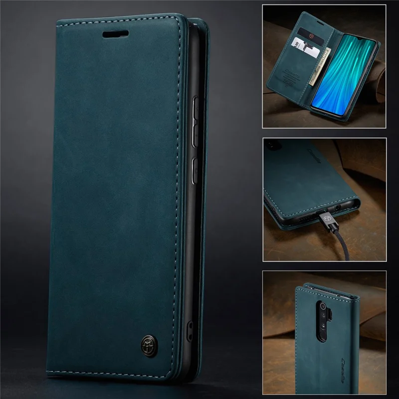 CASEME 013 Series Auto-absorbed Leather Wallet Stand Case Phone Shell for Xiaomi Redmi Note 8 Pro - Blue