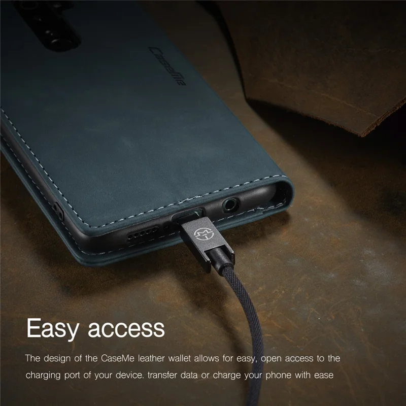 CASEME 013 Series Auto-absorbed Leather Wallet Stand Case Phone Shell for Xiaomi Redmi Note 8 Pro - Blue