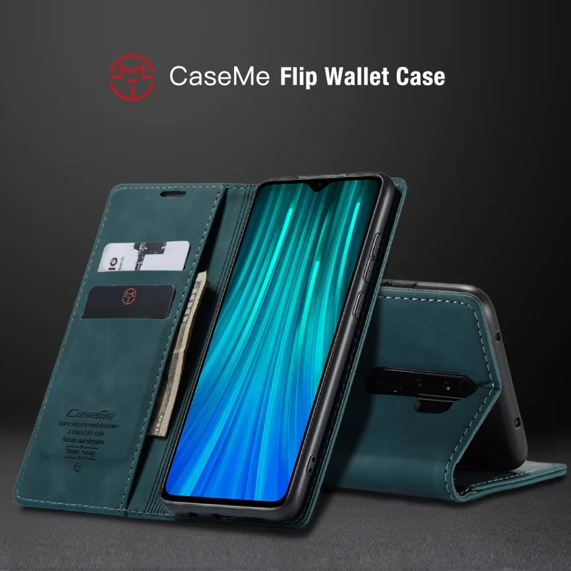 CASEME 013 Series Auto-absorbed Leather Wallet Stand Case Phone Shell for Xiaomi Redmi Note 8 Pro - Blue