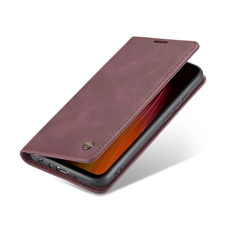 CASEME 013 Series Auto-absorbed Leather Wallet Stand Phone Covering Case for Xiaomi Redmi Note 8 - Wine Red