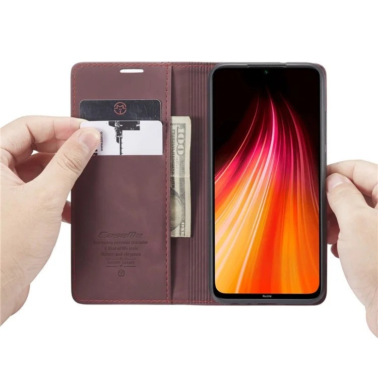 CASEME 013 Series Auto-absorbed Leather Wallet Stand Phone Covering Case for Xiaomi Redmi Note 8 - Wine Red