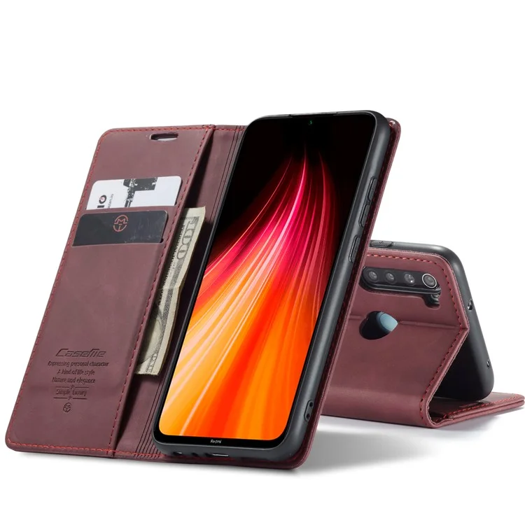 CASEME 013 Series Auto-absorbed Leather Wallet Stand Phone Covering Case for Xiaomi Redmi Note 8 - Wine Red