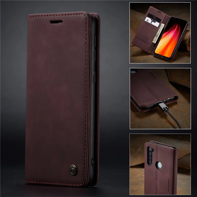 CASEME 013 Series Auto-absorbed Leather Wallet Stand Phone Covering Case for Xiaomi Redmi Note 8 - Wine Red